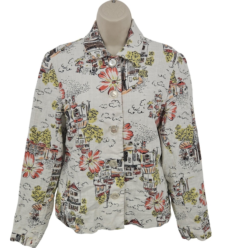 Coldwater Creek Blazer Jacket‎ Women S Cityscape Floral Novelty Print Whimsical